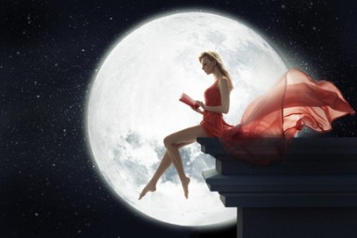 27274938 - cute lady over full moon background
